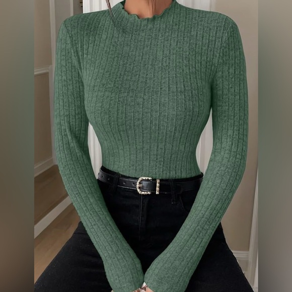 Classic Fashion Fitted, Ribbed Long Sleeve Sweater - Green - Picture 5 of 10